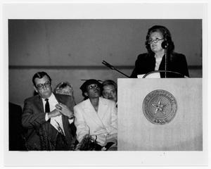 Primary view of object titled '[Woman Speaking at Podium]'.