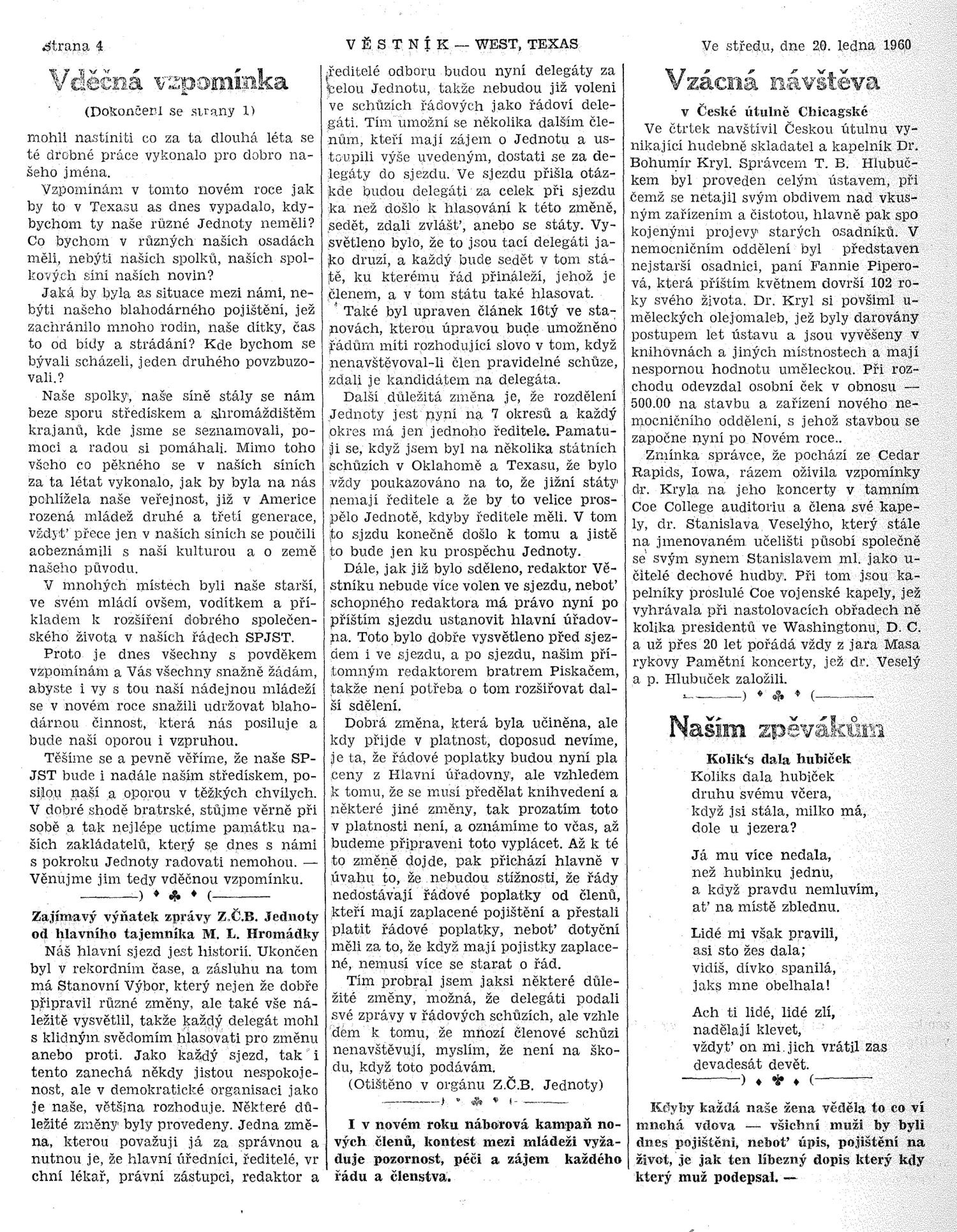 Věstník (West, Tex.), Vol. 48, No. 3, Ed. 1 Wednesday, January 20, 1960
                                                
                                                    [Sequence #]: 4 of 32
                                                