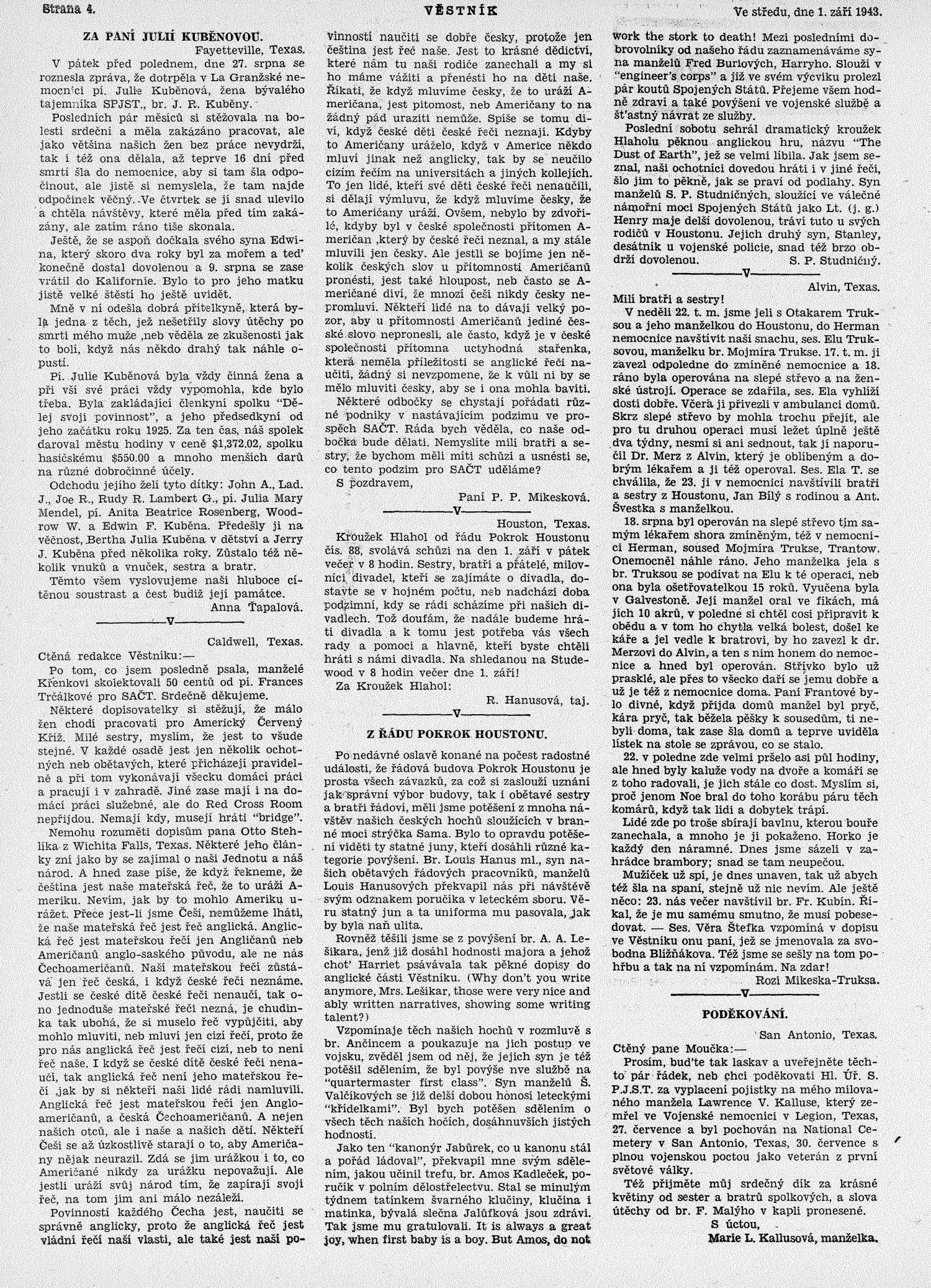 Věstník (West, Tex.), Vol. 31, No. 35, Ed. 1 Wednesday, September 1, 1943
                                                
                                                    [Sequence #]: 4 of 16
                                                