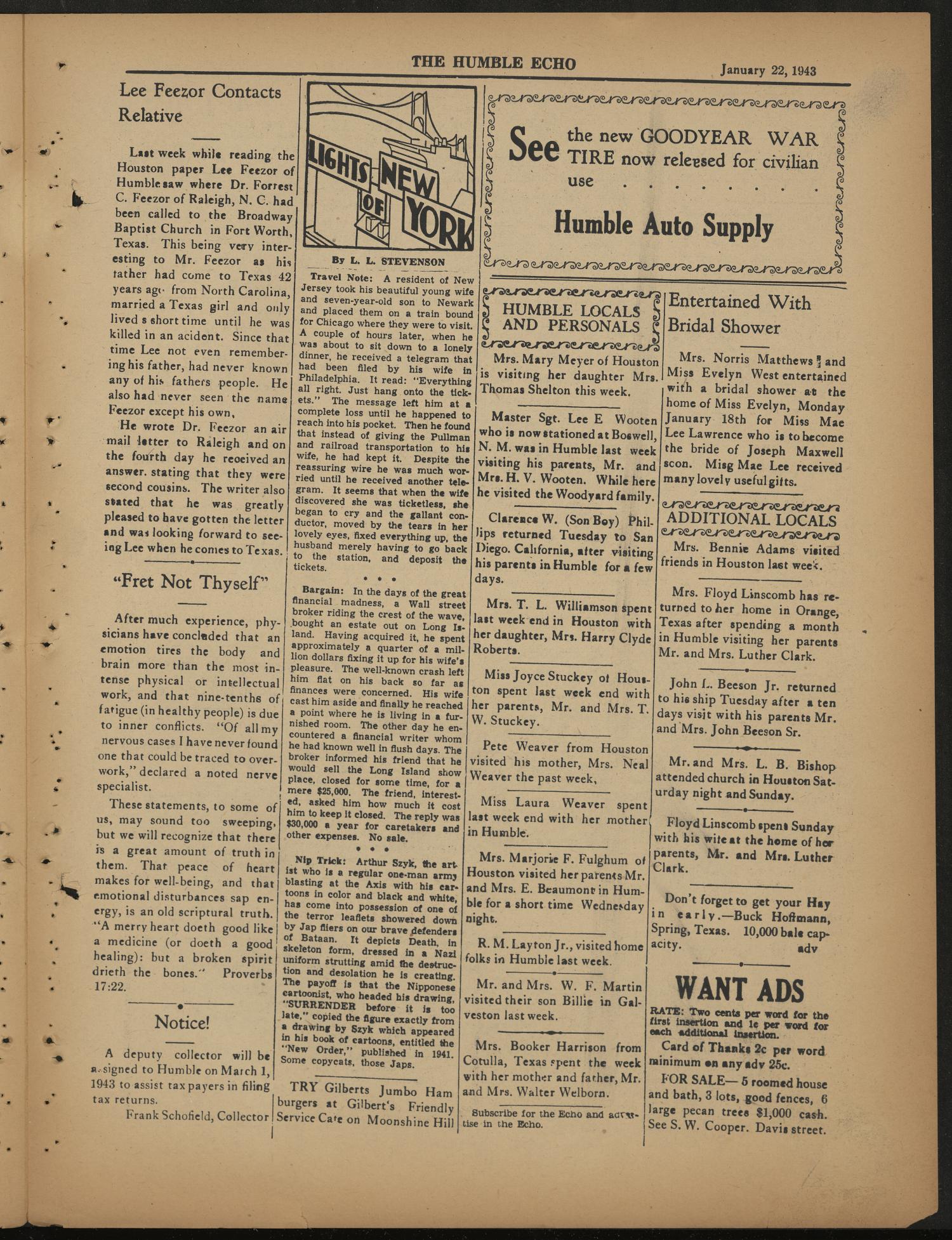 The Humble Echo (Humble, Tex.), Vol. 1, No. 32, Ed. 1 Friday, January 22, 1943
                                                
                                                    [Sequence #]: 3 of 4
                                                