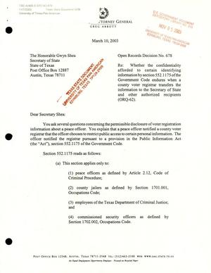 Primary view of object titled 'Texas Attorney General Open Records Decision: Number 678 (ORQ-62)'.
