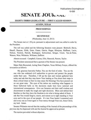 Primary view of object titled 'Journal of the Senate of Texas: 83rd Legislature, Regular Session, Wednesday, June 12, 2013'.