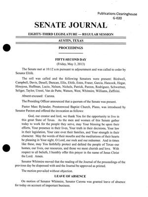 Primary view of object titled 'Journal of the Senate of Texas: 83rd Legislature, Regular Session, Friday, May 3, 2013'.