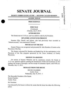 Primary view of object titled 'Journal of the Senate of Texas: 83rd Legislature, Second Called Session, Tuesday, July 9, 2013'.