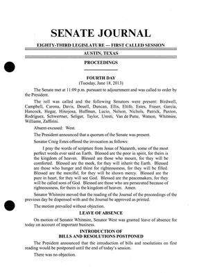Primary view of object titled 'Journal of the Senate of Texas: 83rd Legislature, First Called Session, Tuesday, June 18, 2013'.