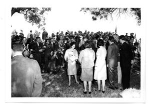 Primary view of object titled '[Lyndon and Lady Bird Johnson with Gustavo Ordaz before a Crowd]'.