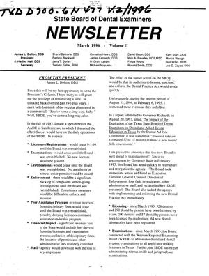 Primary view of object titled 'Texas State Board of Dental Examiners Newsletter, Volume 2, March 1996'.