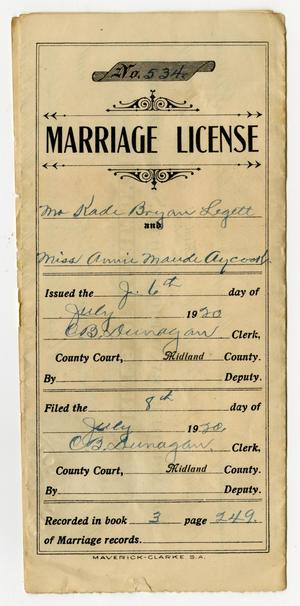 Primary view of object titled '[Marriage License of Mr. Kade Bryan Legett and Miss Annie Maude Aycock]'.