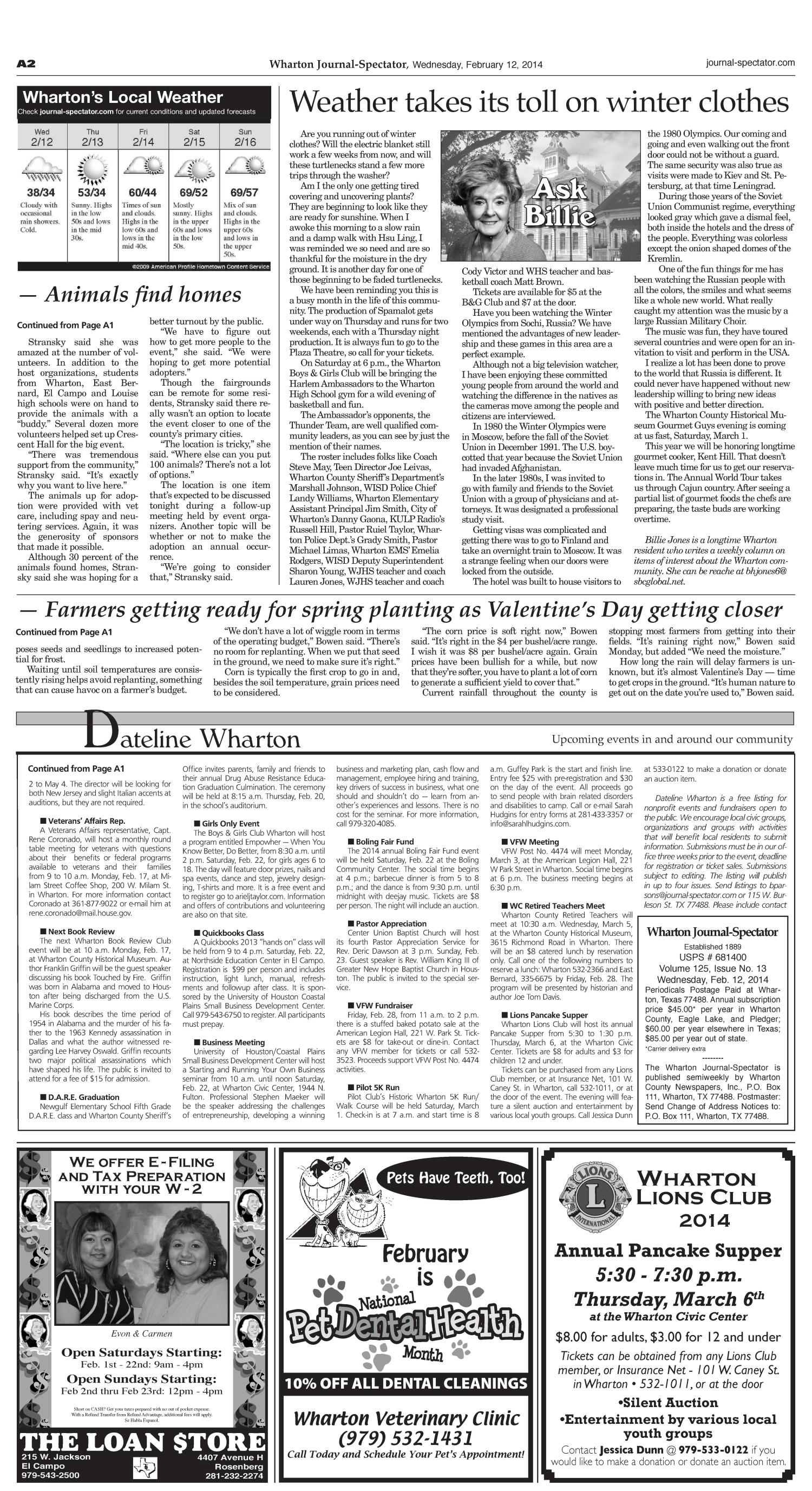Wharton Journal-Spectator (Wharton, Tex.), Vol. 125, No. 13, Ed. 1 Wednesday, February 12, 2014
                                                
                                                    [Sequence #]: 2 of 12
                                                