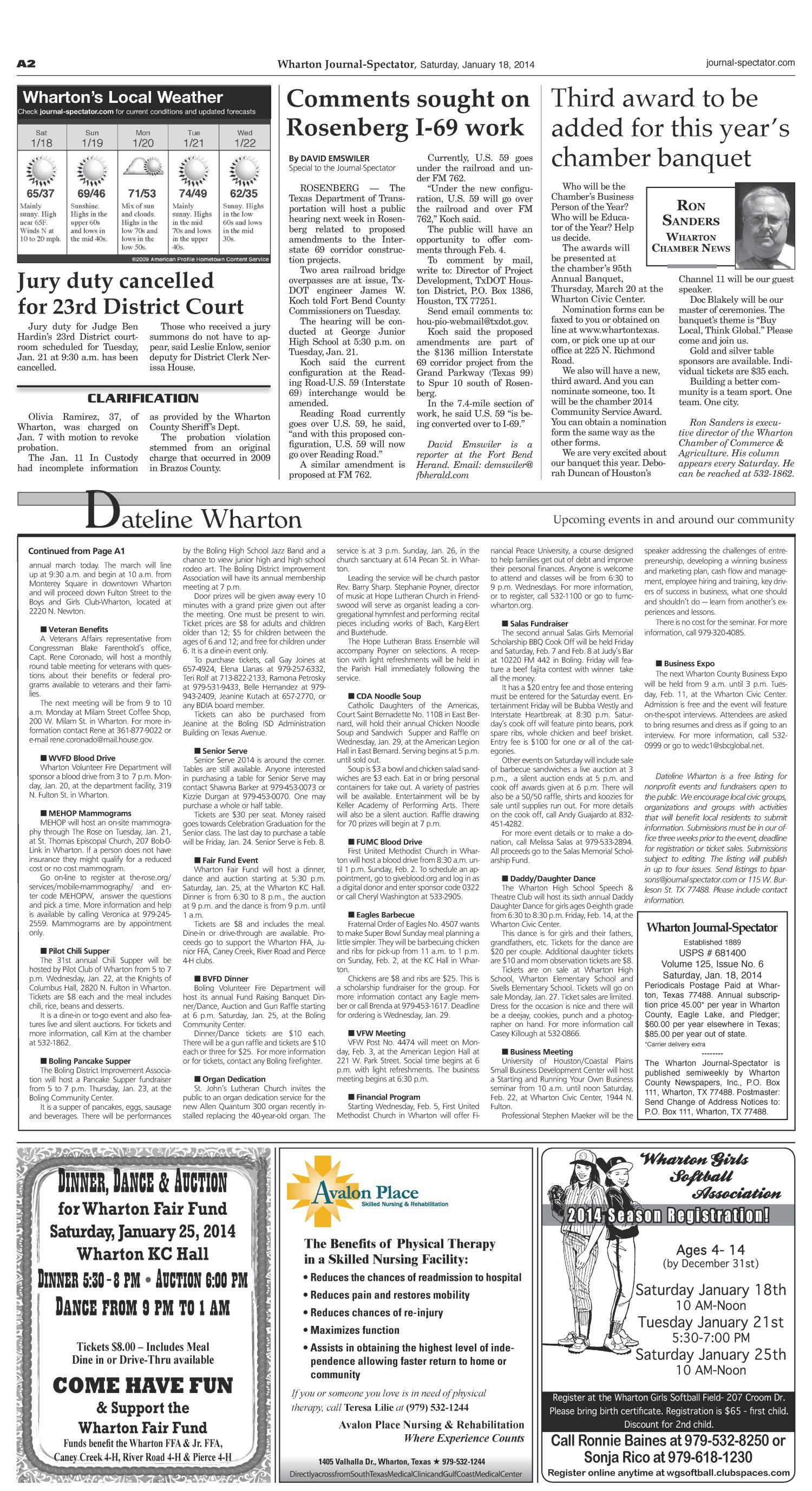Wharton Journal-Spectator (Wharton, Tex.), Vol. 125, No. 6, Ed. 1 Saturday, January 18, 2014
                                                
                                                    [Sequence #]: 2 of 12
                                                