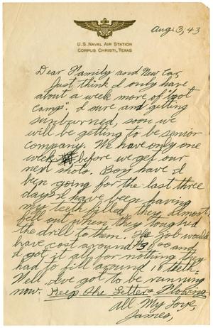 Primary view of object titled '[Letter by James Sutherlin to his family - 08/03/1943]'.