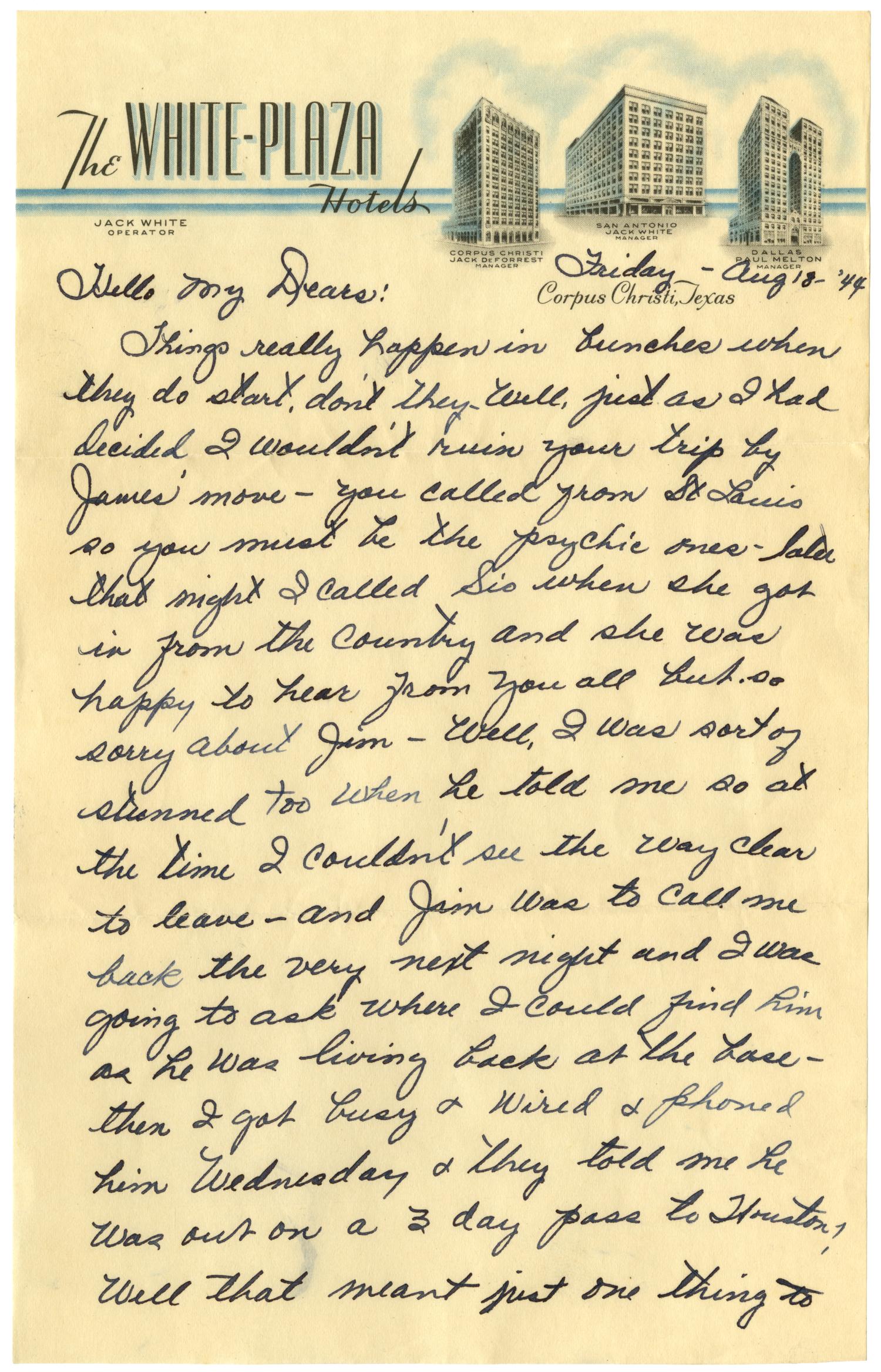 [Letter by Waneta Sutherlin Bowman to her family - August 18, 1944]
                                                
                                                    [Sequence #]: 1 of 8
                                                