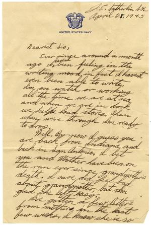 Primary view of object titled '[Letter by James Sutherlin to his family - 04/28/1945]'.