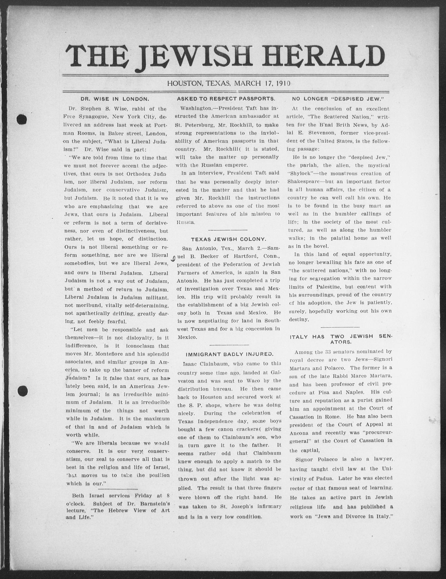 The Jewish Herald (Houston, Tex.), Vol. 2, No. 27, Ed. 1, Thursday, March 17, 1910
                                                
                                                    [Sequence #]: 3 of 12
                                                