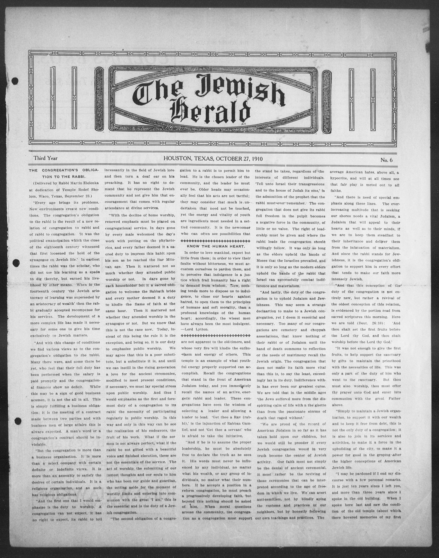 The Jewish Herald (Houston, Tex.), Vol. 3, No. 6, Ed. 1, Thursday, October 27, 1910
                                                
                                                    [Sequence #]: 1 of 8
                                                