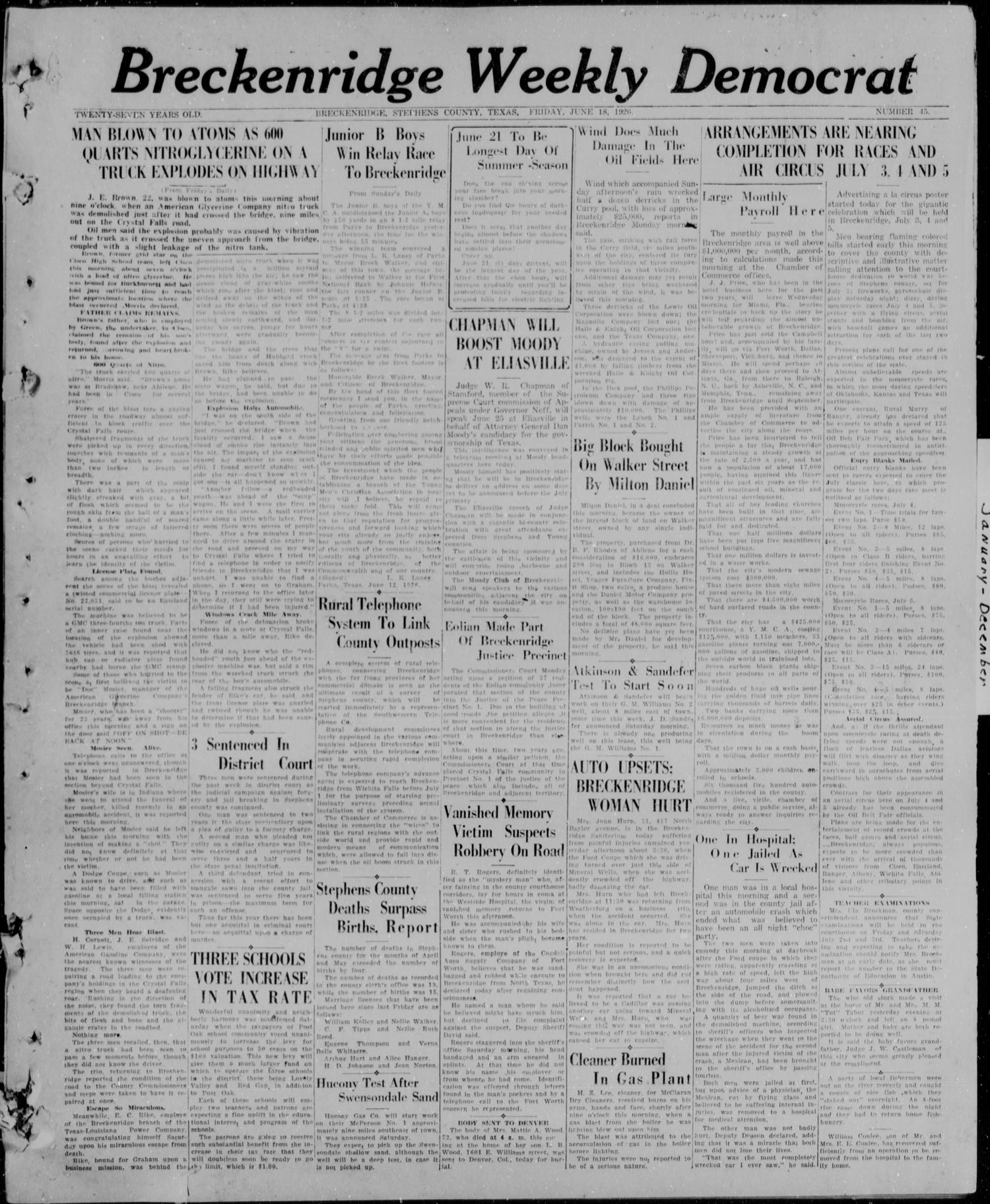 Breckenridge Weekly Democrat (Breckenridge, Tex), No. 45, Ed. 1, Friday, June 18, 1926
                                                
                                                    [Sequence #]: 1 of 4
                                                