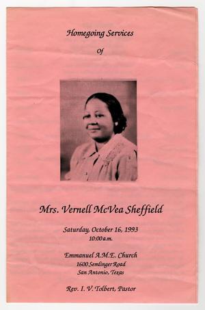 Primary view of object titled '[Funeral Program for Vernell McVea Sheffield, October 16, 1993]'.