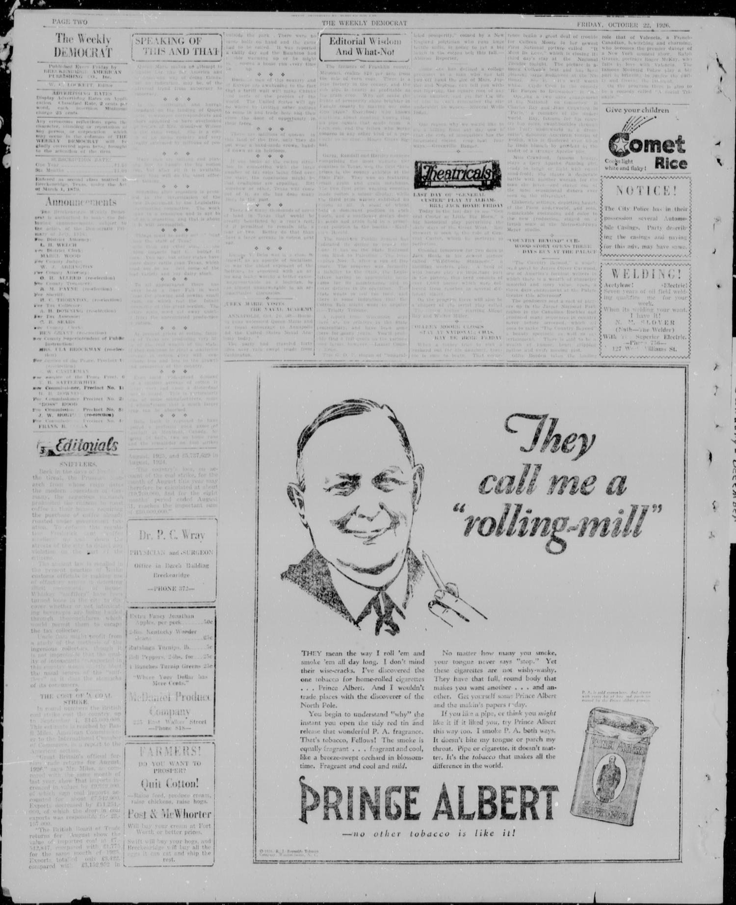 Breckenridge Weekly Democrat (Breckenridge, Tex), No. 11, Ed. 1, Friday, October 22, 1926
                                                
                                                    [Sequence #]: 2 of 4
                                                