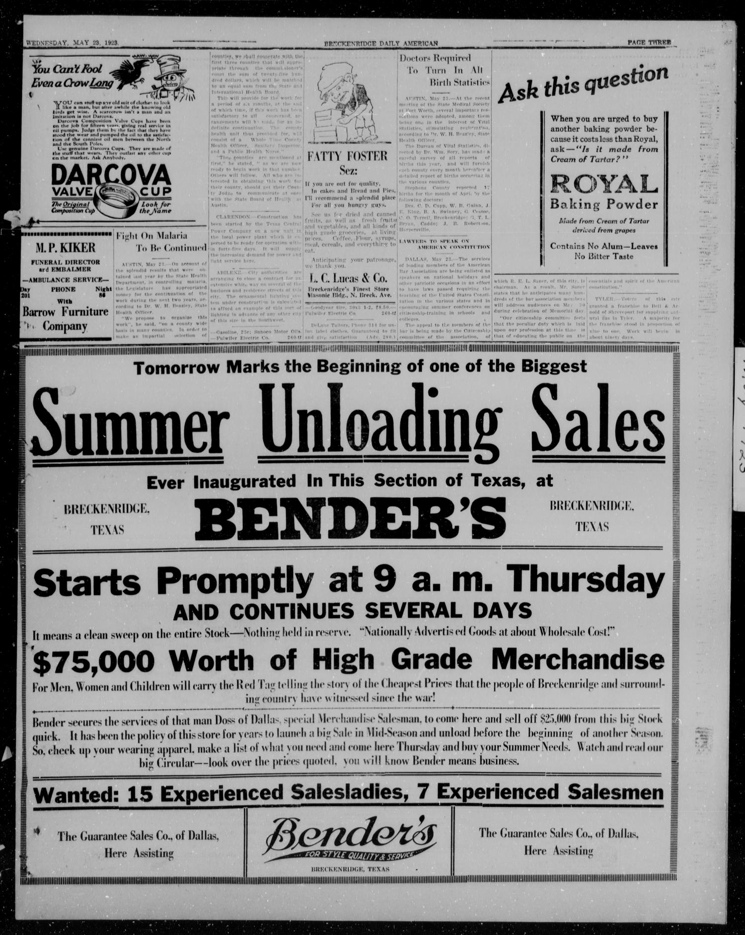 The Breckenridge Daily American (Breckenridge, Tex.), Vol. 3, No. 279, Ed. 1, Wednesday, May 23, 1923
                                                
                                                    [Sequence #]: 3 of 6
                                                