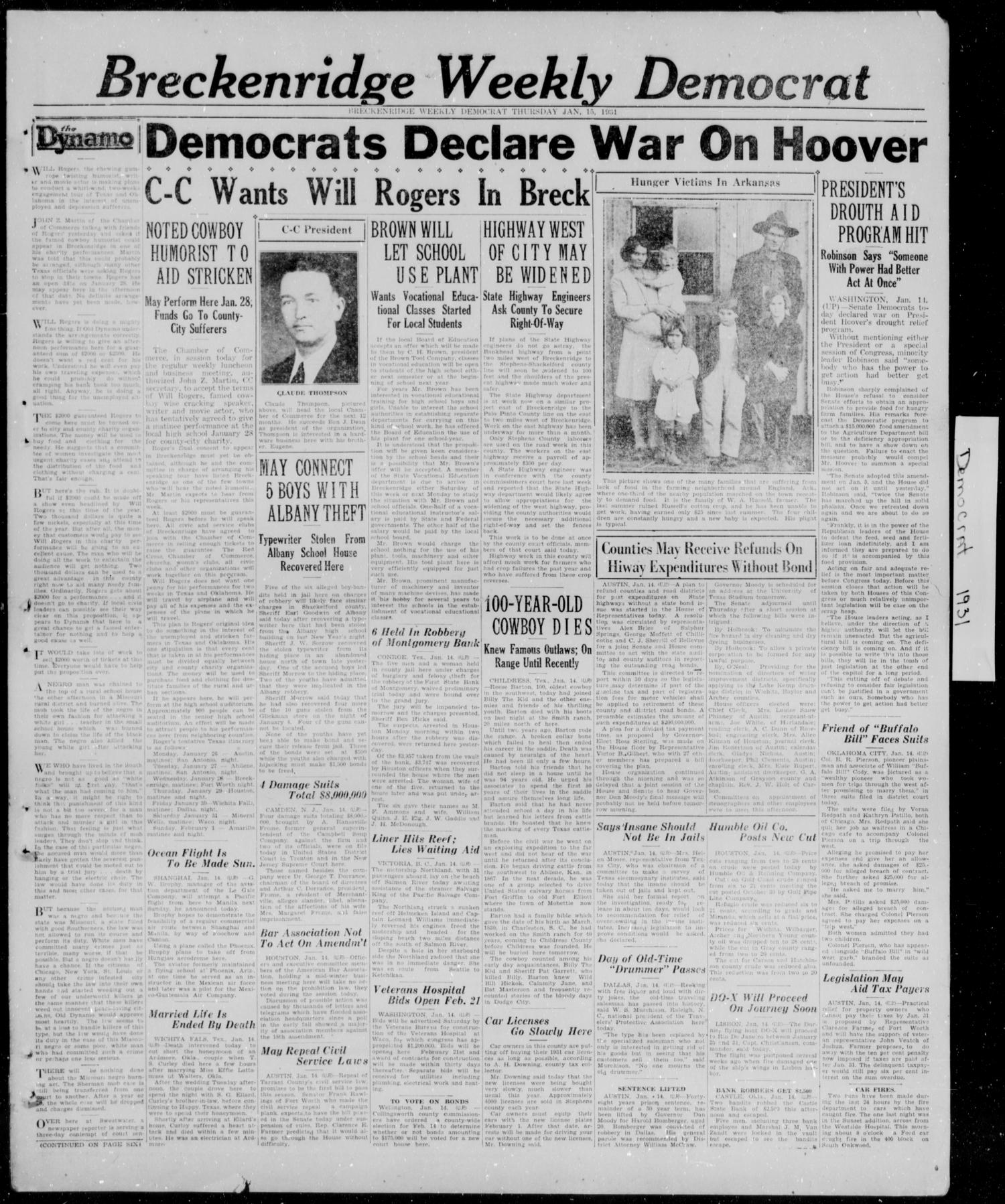Breckenridge Weekly Democrat (Breckenridge, Tex.), Ed. 1, Thursday, January 15, 1931
                                                
                                                    [Sequence #]: 1 of 6
                                                