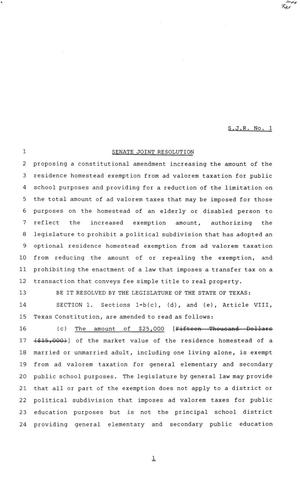 Primary view of object titled '84th Texas Legislature, Regular Session, Senate Joint Resolution 1'.