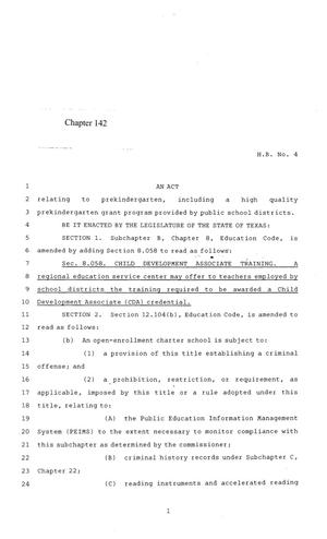 Primary view of object titled '84th Texas Legislature, Regular Session, House Bill 4, Chapter 142'.