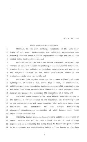 Primary view of object titled '84th Texas Legislature, Regular Session, House Concurrent Resolution 104'.