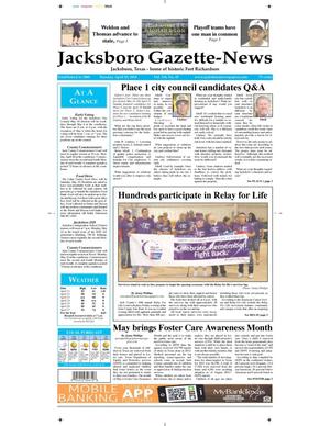 Primary view of object titled 'Jacksboro Gazette-News (Jacksboro, Tex.), Vol. 134, No. 45, Ed. 1 Tuesday, April 29, 2014'.