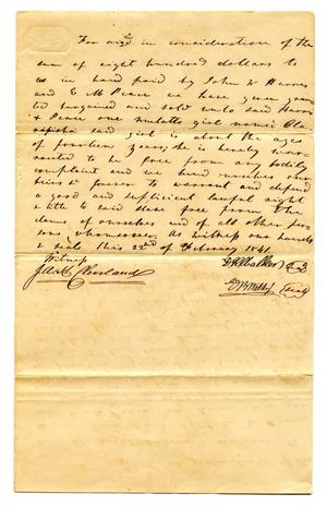 Primary view of object titled '[Deed for sale of slave to E.M. Pease and John W. Harris]'.