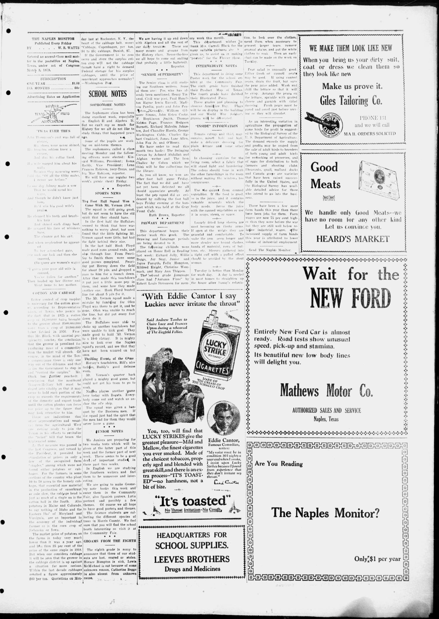 The Naples Monitor. (Naples, Tex.), Vol. 42, No. 33, Ed. 1 Friday, November 11, 1927
                                                
                                                    [Sequence #]: 3 of 4
                                                