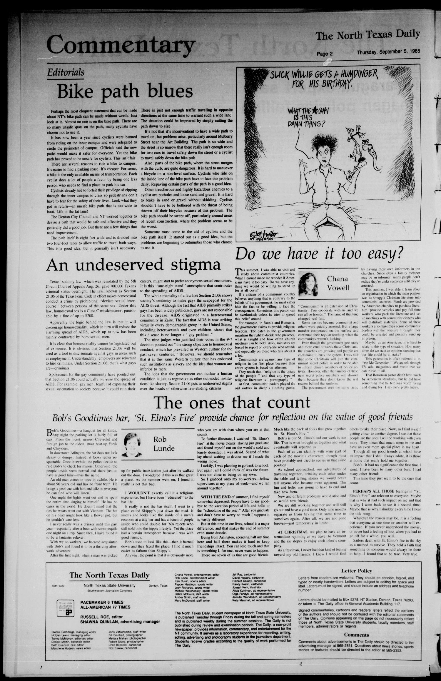 The North Texas Daily (Denton, Tex.), Vol. 69, No. 3, Ed. 1 Thursday, September 5, 1985
                                                
                                                    [Sequence #]: 2 of 8
                                                