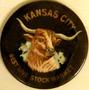 Primary view of [Black button with image of a longhorn in the center that states: "KANSAS CITY BEST LIVE STOCK MARKET"]
