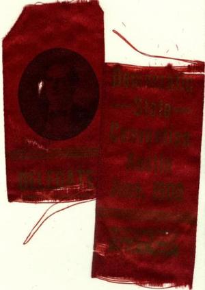 Primary view of object titled '[Red silk "Democratic State Convention" ribbon]'.