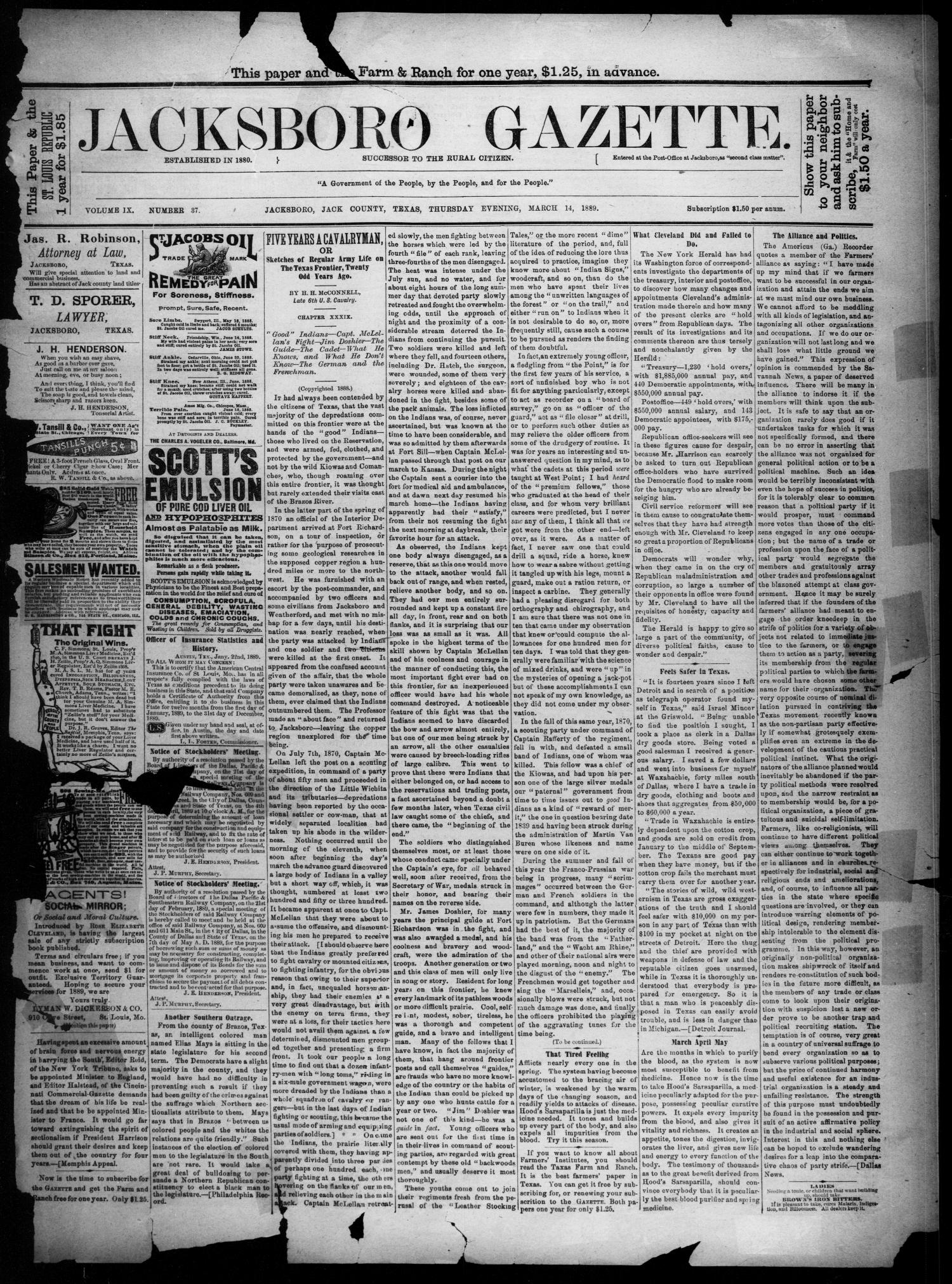 Jacksboro Gazette. (Jacksboro, Tex.), Vol. 9, No. 37, Ed. 1 Thursday, March 14, 1889
                                                
                                                    [Sequence #]: 1 of 4
                                                