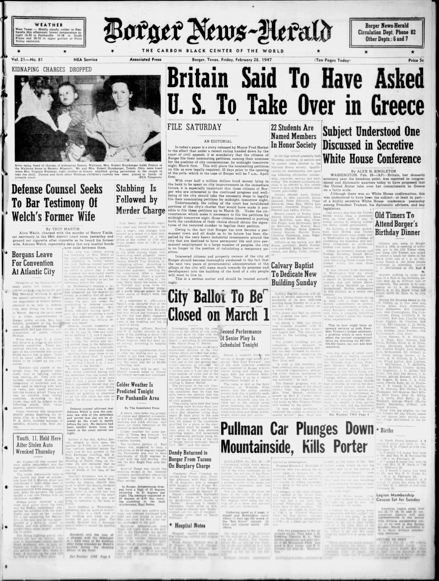 Borger News-Herald (Borger, Tex.), Vol. 21, No. 81, Ed. 1 Friday, February 28, 1947
                                                
                                                    [Sequence #]: 1 of 10
                                                