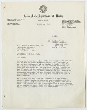 Primary view of object titled '[Letter from the Texas State Department of Health to B. L. Nelson & Associates, Inc., August 17, 1970]'.