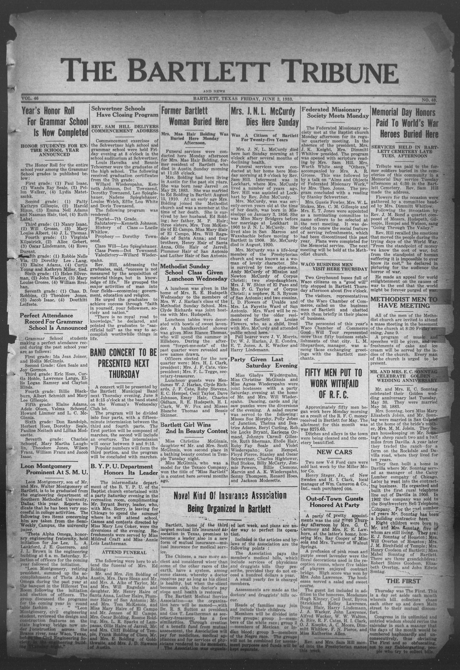 The Bartlett Tribune and News (Bartlett, Tex.), Vol. 46, No. 40, Ed. 1, Friday, June 2, 1933
                                                
                                                    [Sequence #]: 1 of 8
                                                