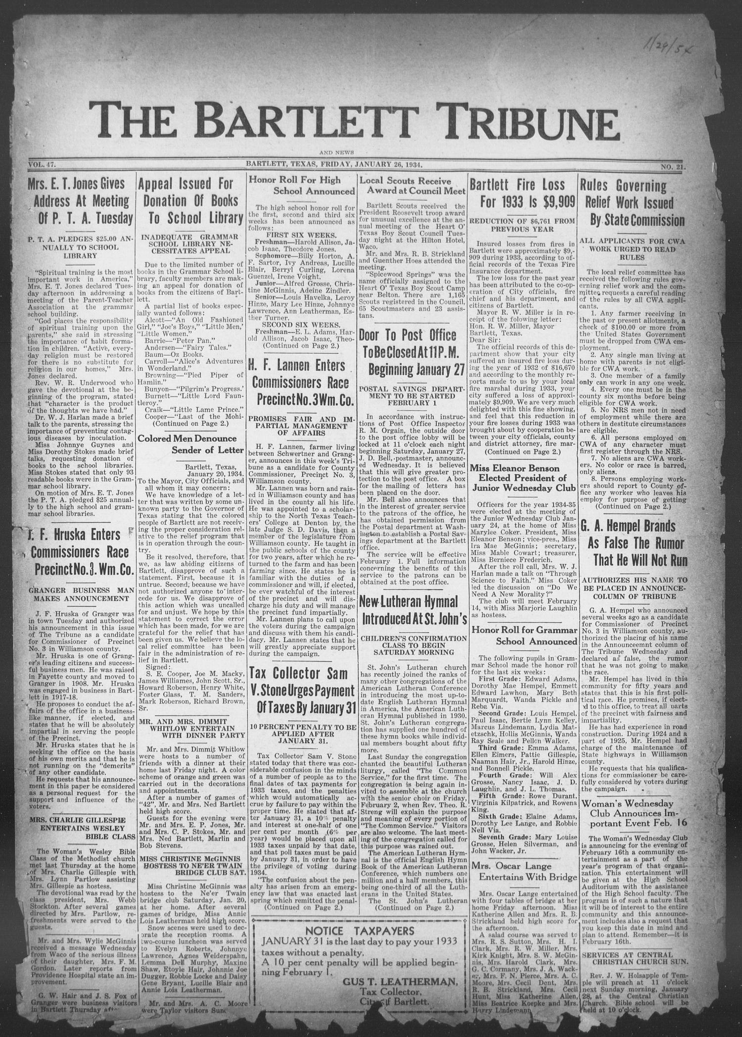 The Bartlett Tribune and News (Bartlett, Tex.), Vol. 47, No. 21, Ed. 1, Friday, January 26, 1934
                                                
                                                    [Sequence #]: 1 of 4
                                                