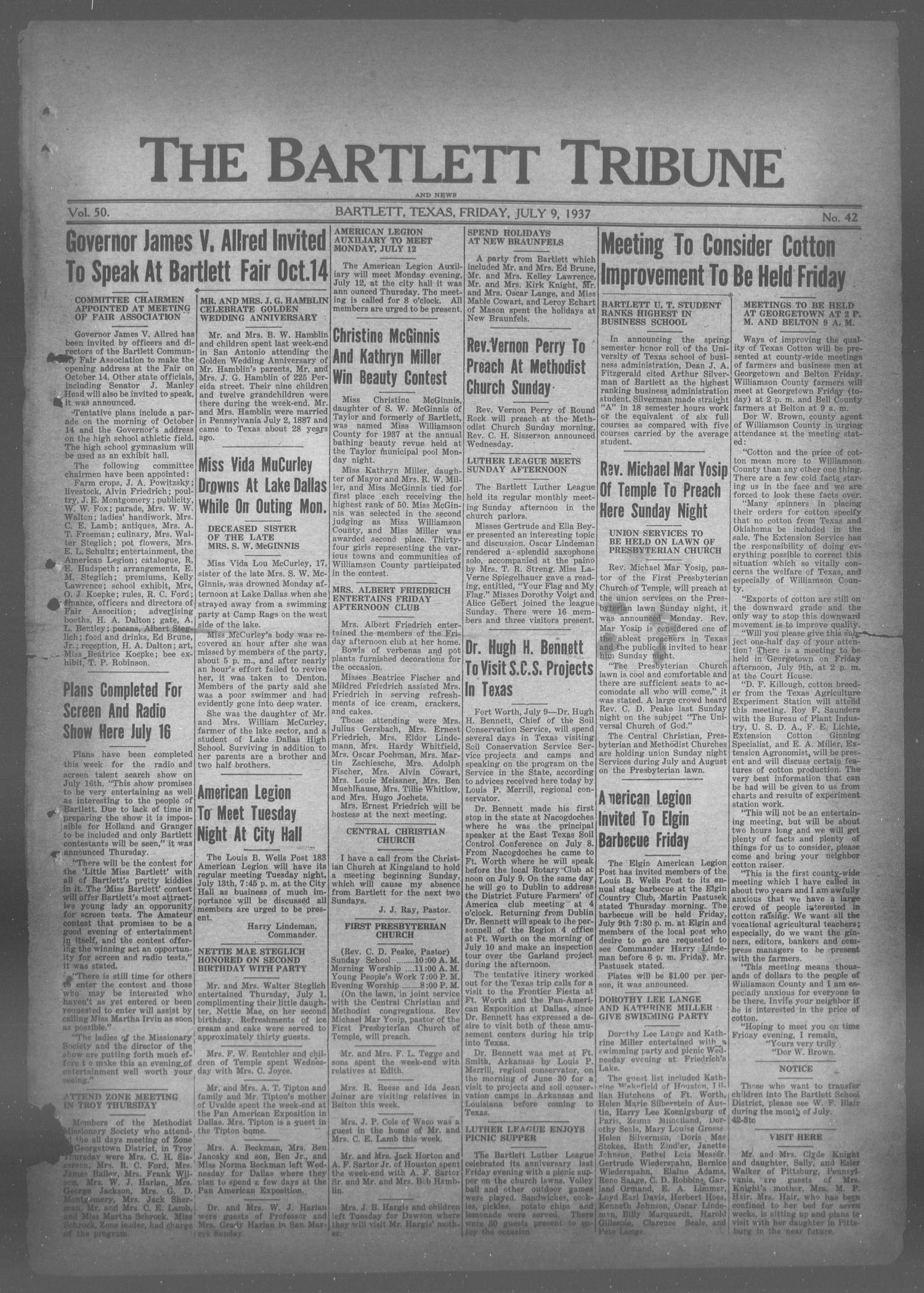 The Bartlett Tribune and News (Bartlett, Tex.), Vol. 50, No. 42, Ed. 1, Friday, July 9, 1937
                                                
                                                    [Sequence #]: 1 of 6
                                                