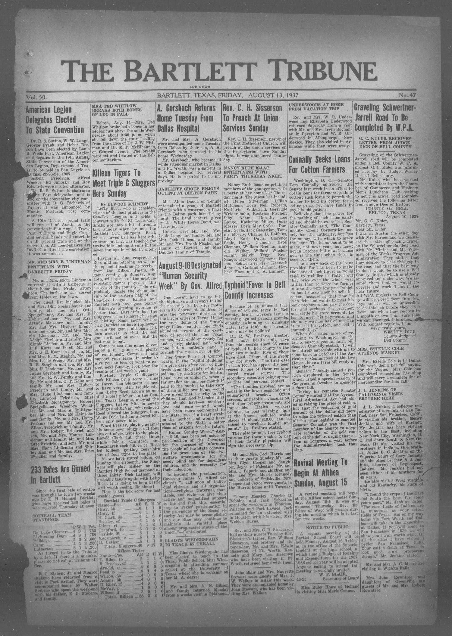 The Bartlett Tribune and News (Bartlett, Tex.), Vol. 50, No. 47, Ed. 1, Friday, August 13, 1937
                                                
                                                    [Sequence #]: 1 of 6
                                                