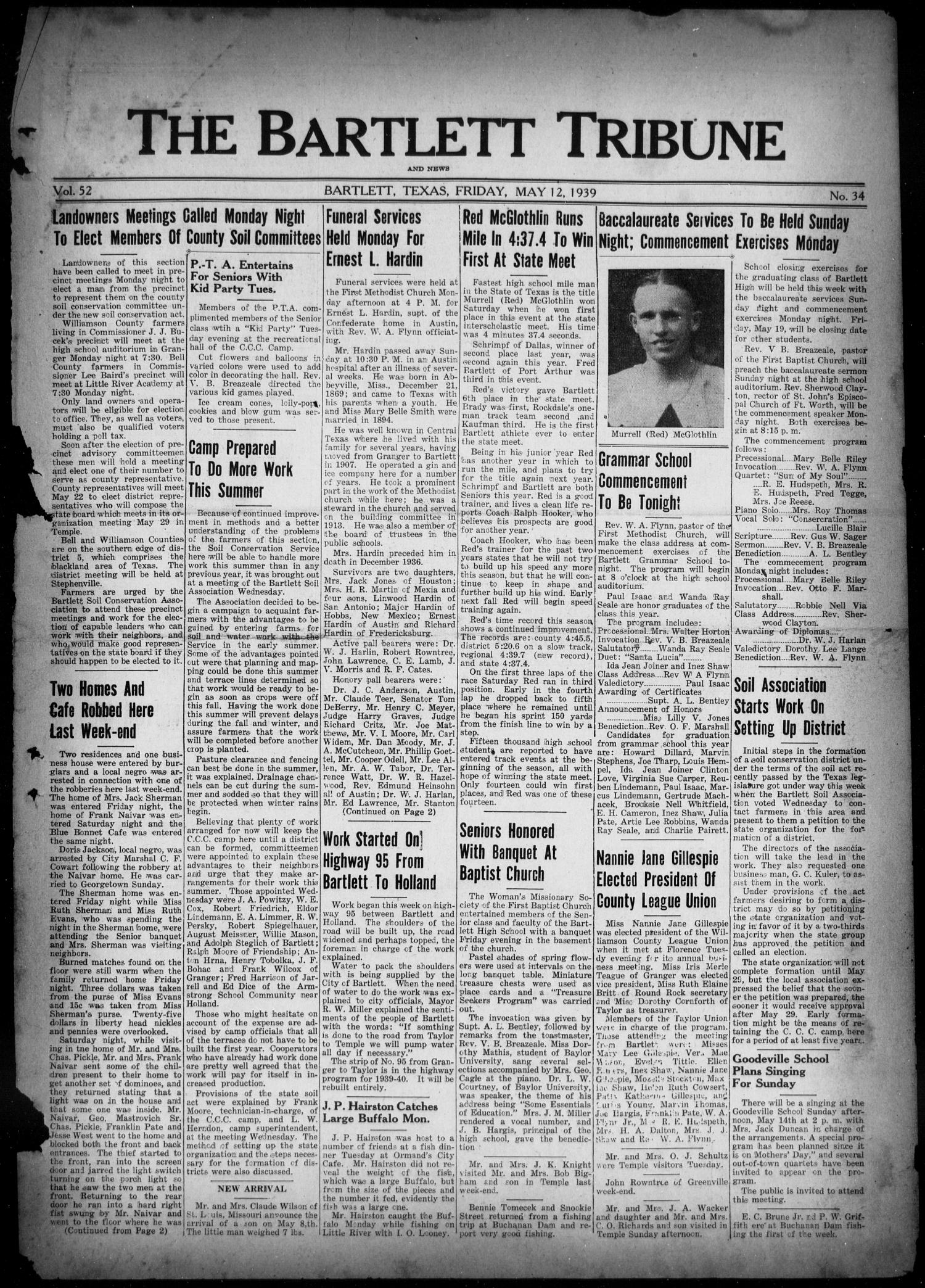 The Bartlett Tribune and News (Bartlett, Tex.), Vol. 52, No. 34, Ed. 1, Friday, May 12, 1939
                                                
                                                    [Sequence #]: 1 of 6
                                                