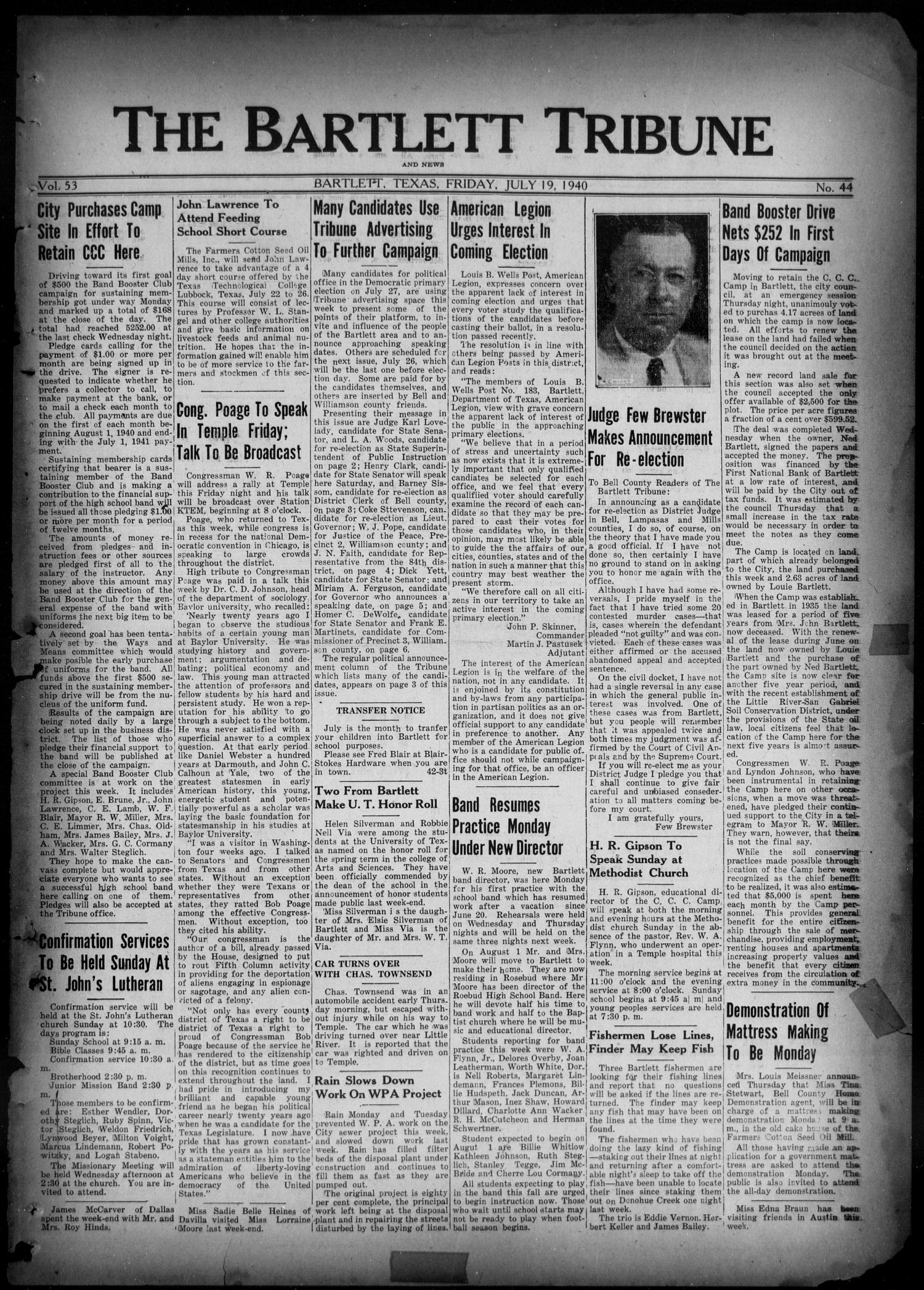 The Bartlett Tribune and News (Bartlett, Tex.), Vol. 53, No. 44, Ed. 1, Friday, July 19, 1940
                                                
                                                    [Sequence #]: 1 of 6
                                                