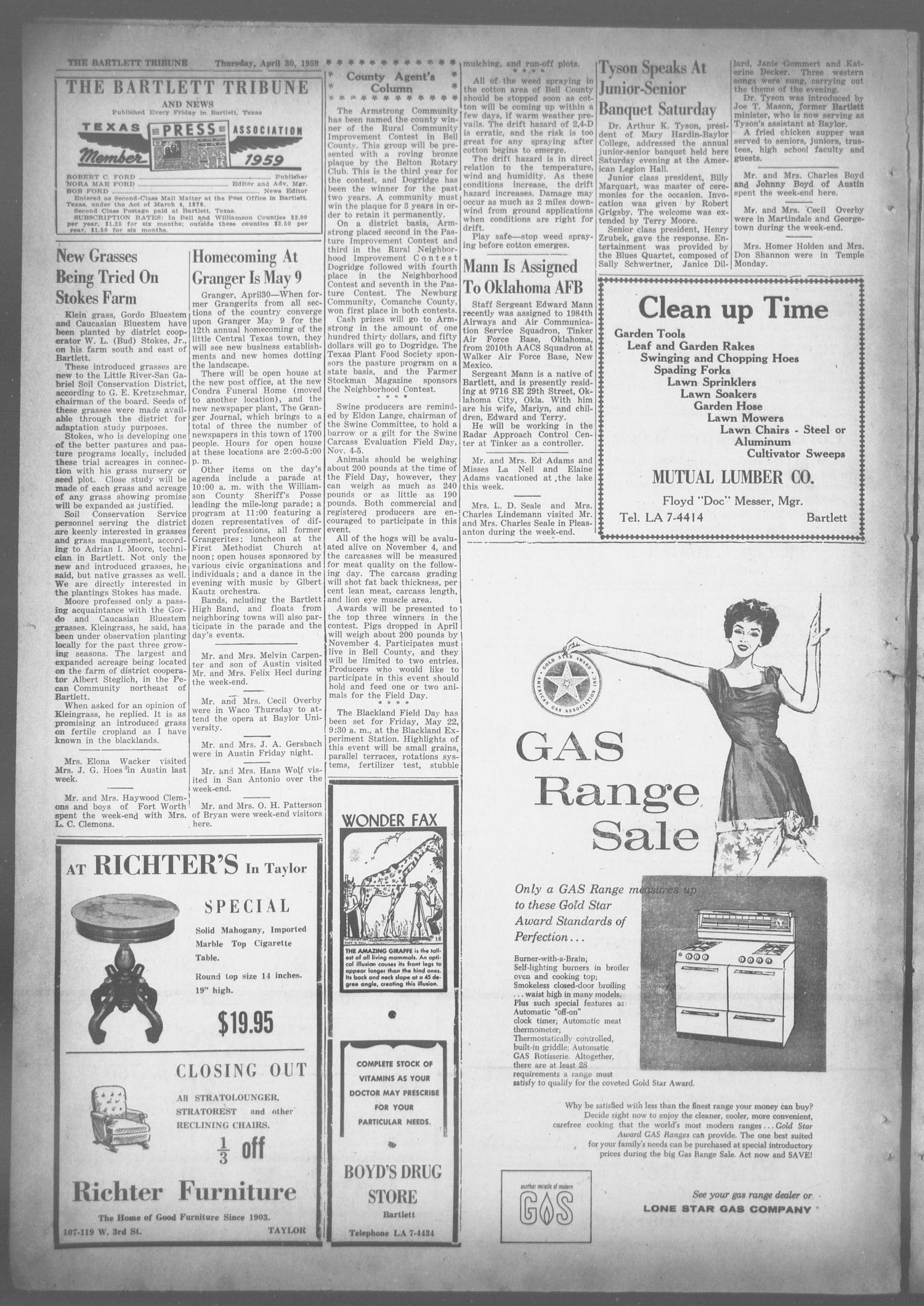 The Bartlett Tribune and News (Bartlett, Tex.), Vol. 72, No. 25, Ed. 1, Thursday, April 30, 1959
                                                
                                                    [Sequence #]: 4 of 6
                                                