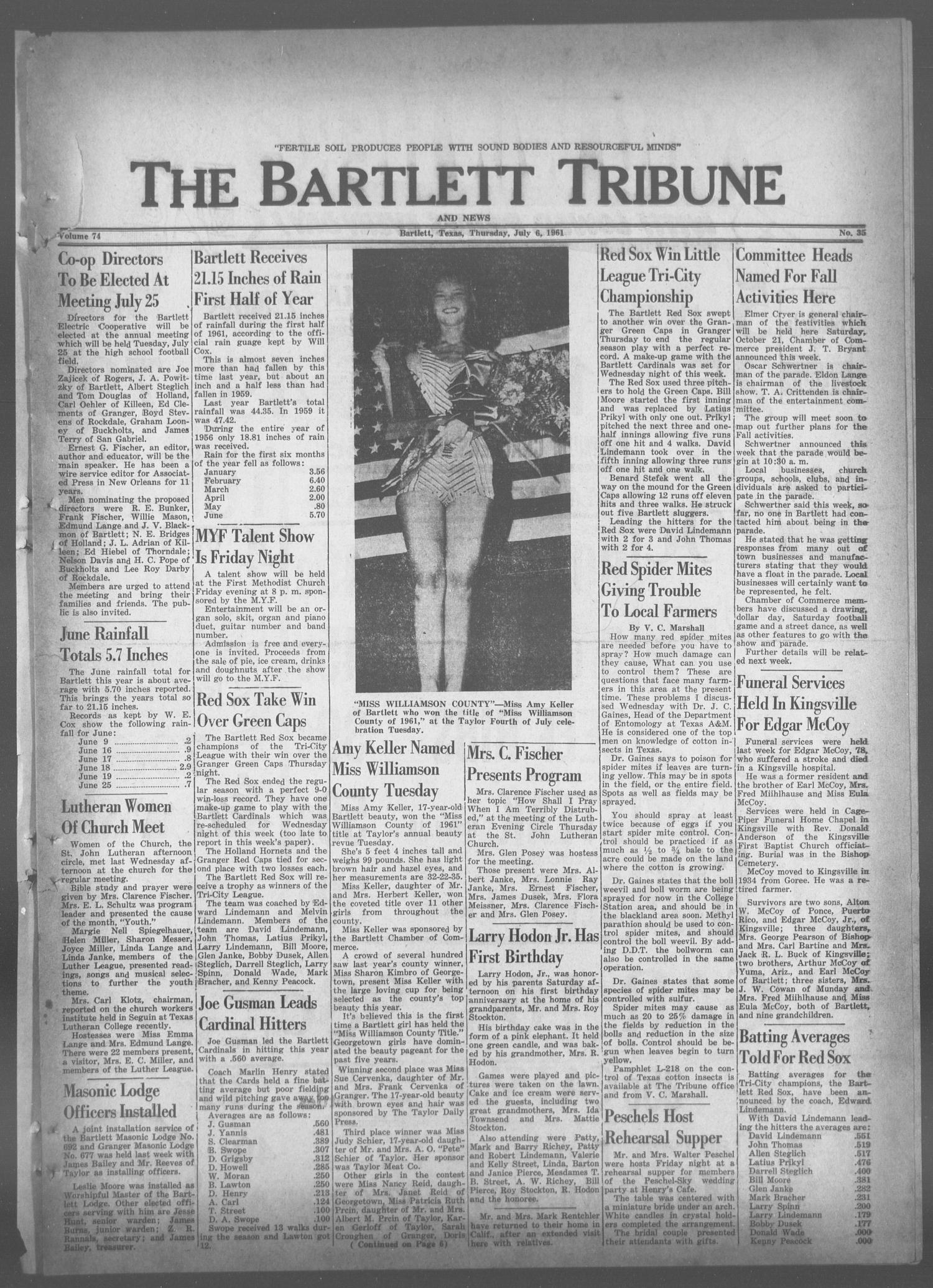 The Bartlett Tribune and News (Bartlett, Tex.), Vol. 74, No. 35, Ed. 1, Thursday, July 6, 1961
                                                
                                                    [Sequence #]: 1 of 6
                                                