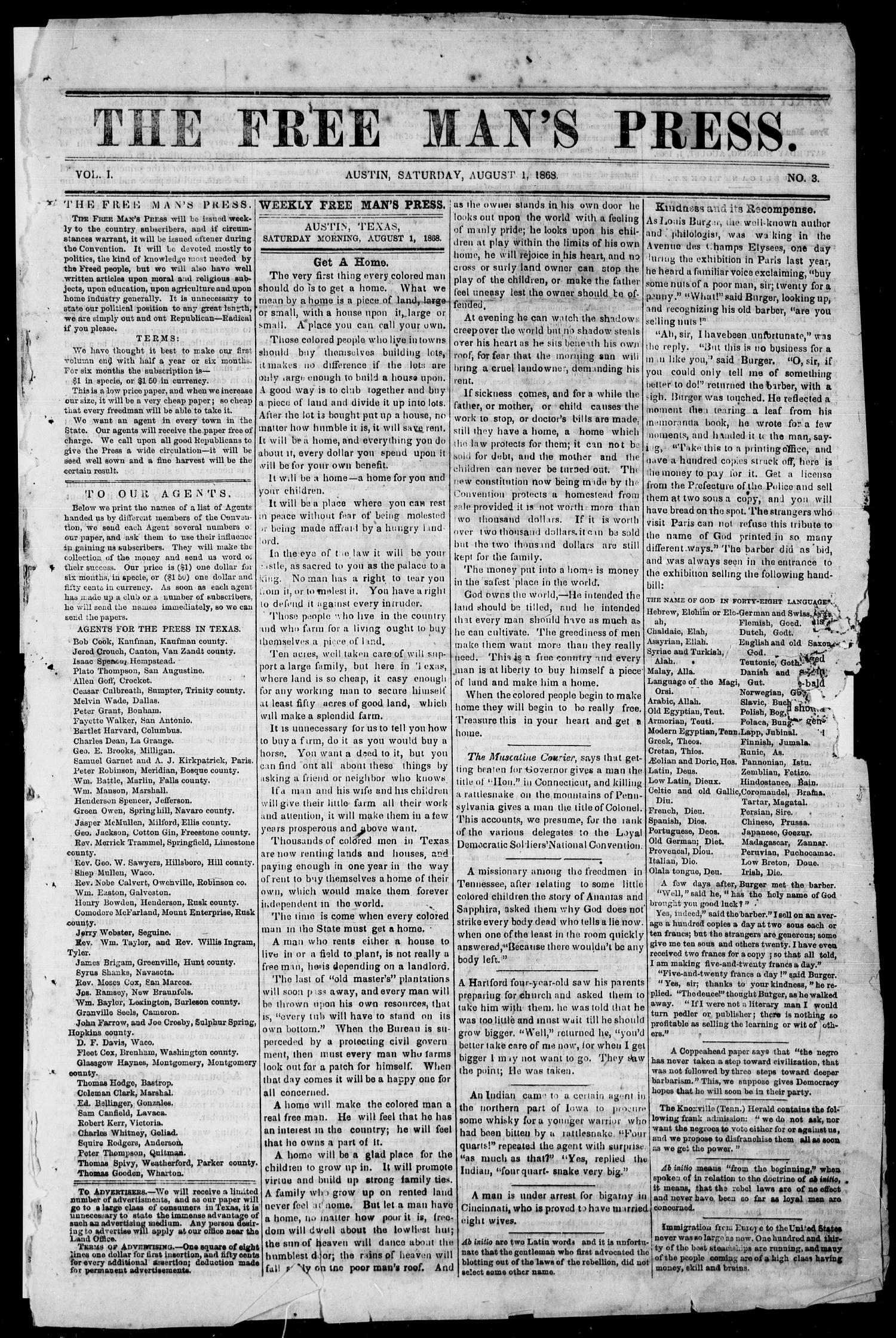 The Free Man's Press (Austin, Tex.), Vol. 1, No. 3, Ed. 1, Saturday, August 1, 1868
                                                
                                                    [Sequence #]: 1 of 4
                                                