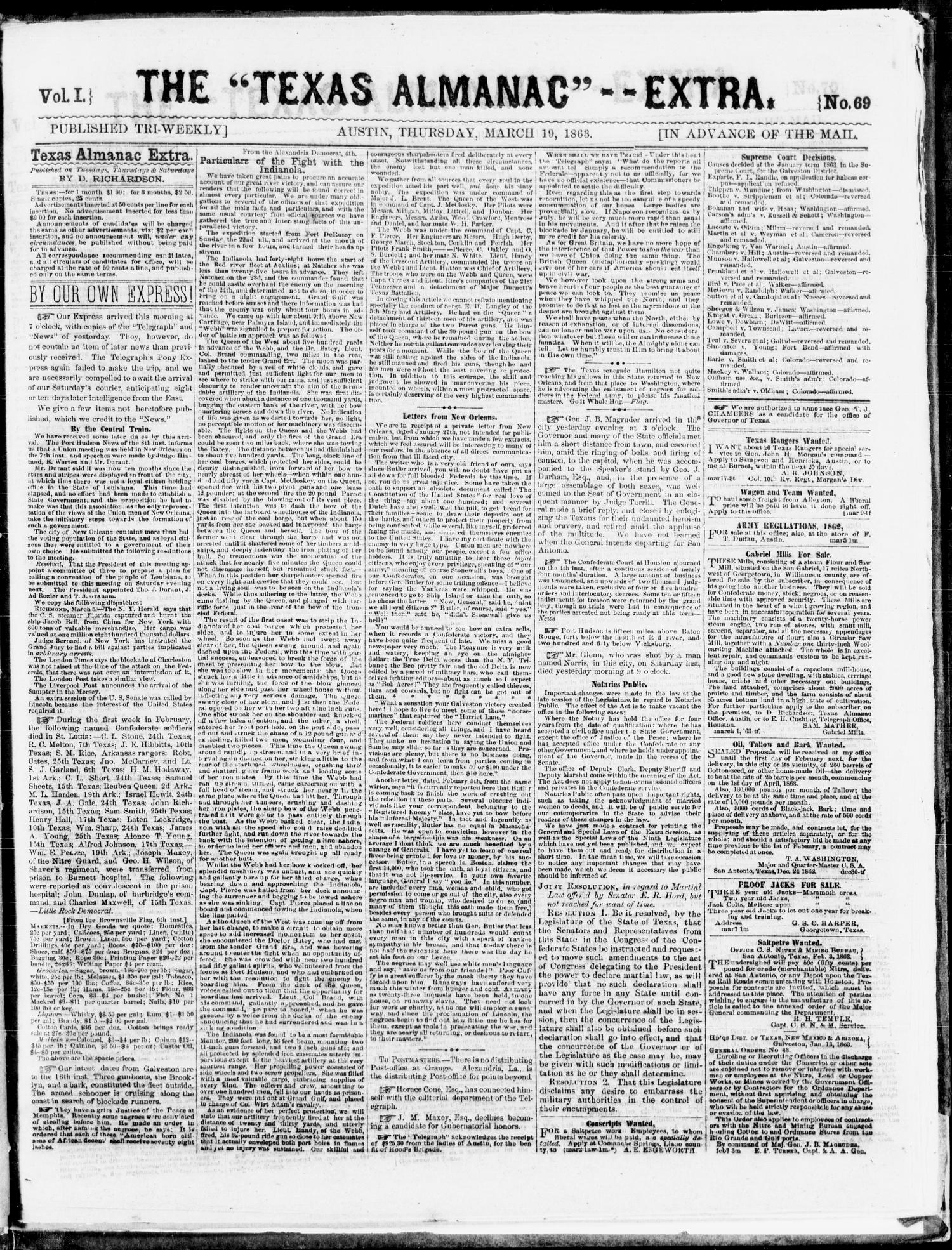 The Texas Almanac -- "Extra." (Austin, Tex.), Vol. 1, No. 69, Ed. 1, Thursday, March 19, 1863
                                                
                                                    [Sequence #]: 1 of 1
                                                