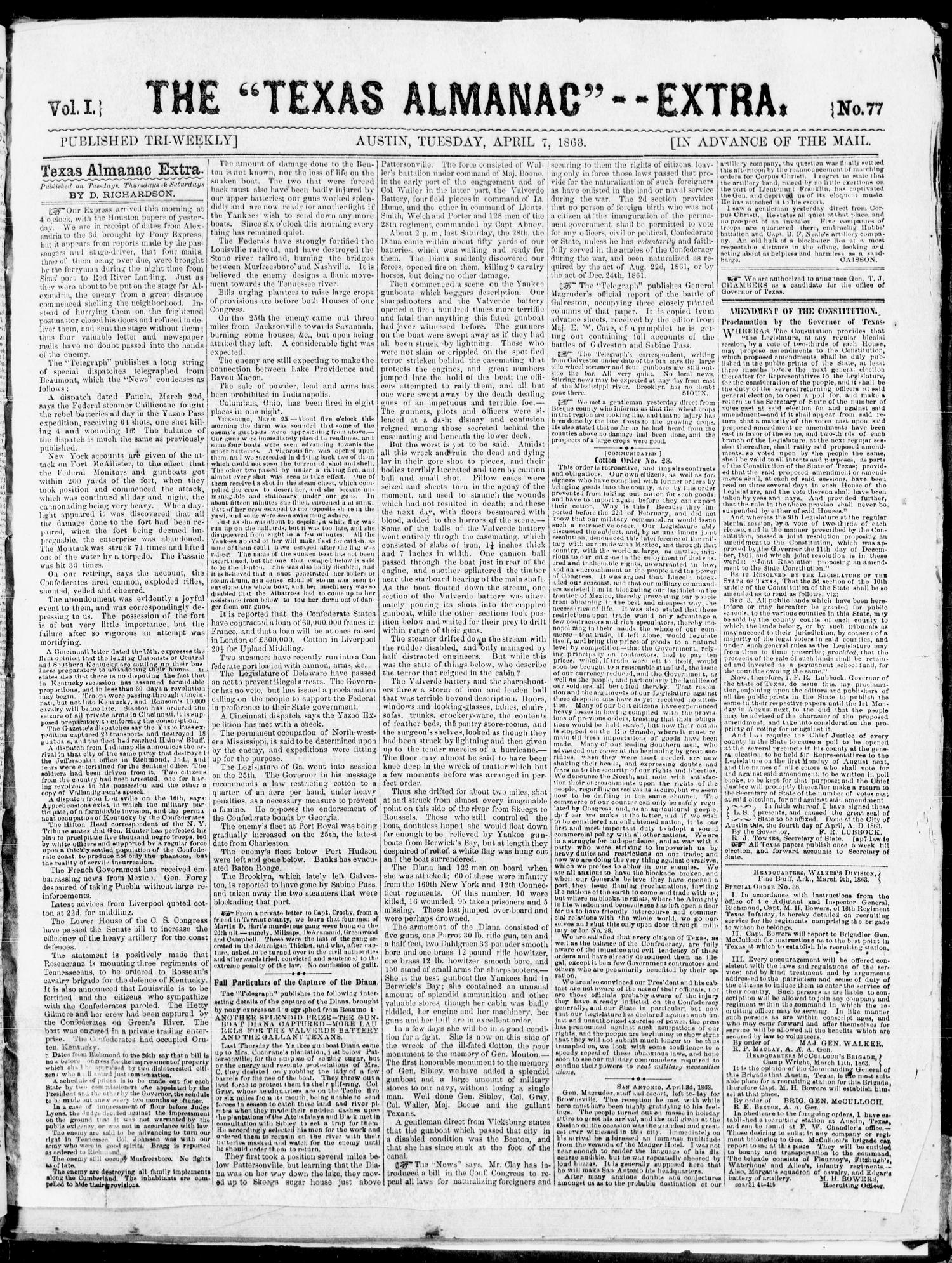 The Texas Almanac -- "Extra." (Austin, Tex.), Vol. 1, No. 77, Ed. 1, Tuesday, April 7, 1863
                                                
                                                    [Sequence #]: 1 of 1
                                                