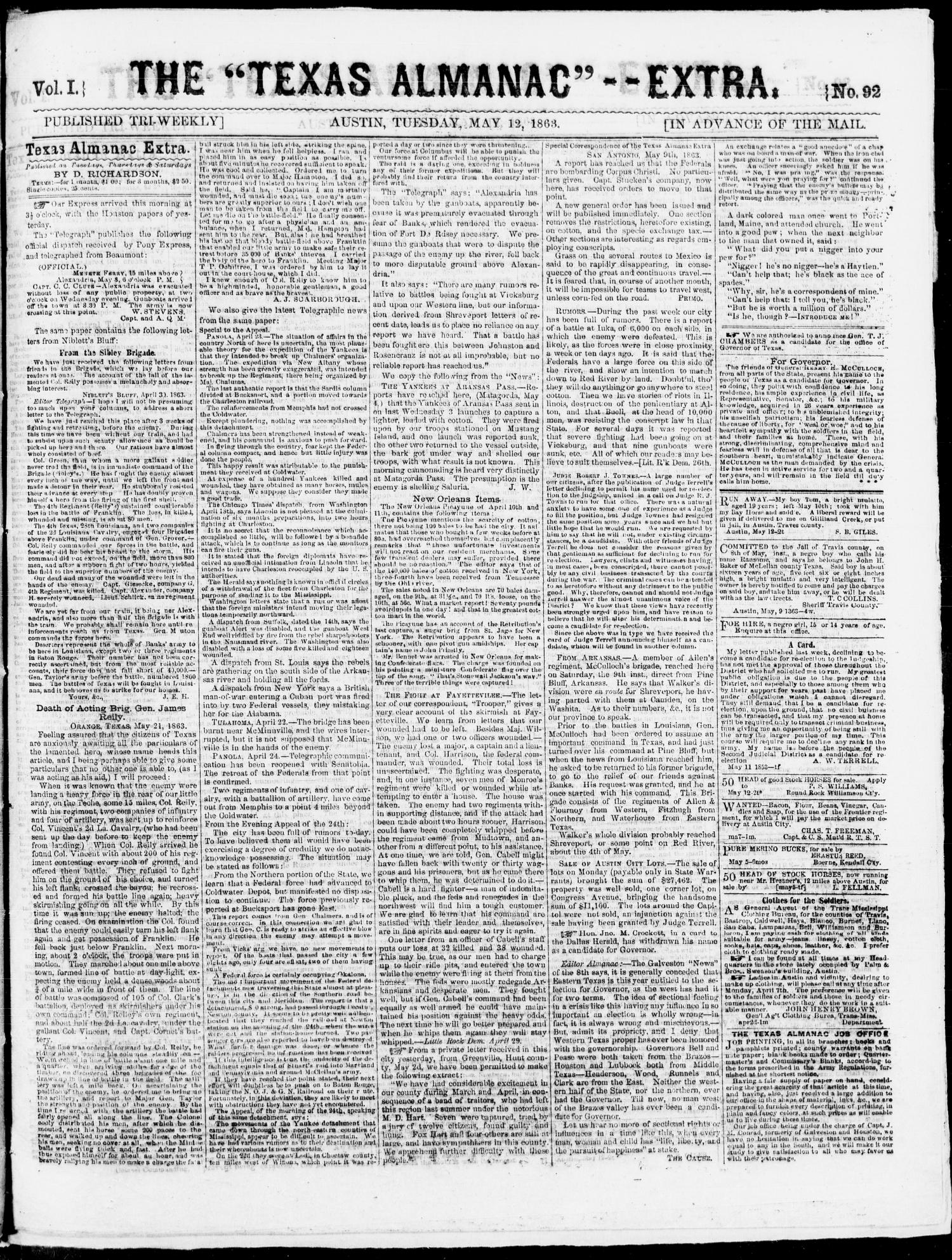 The Texas Almanac -- "Extra." (Austin, Tex.), Vol. 1, No. 92, Ed. 1, Tuesday, May 12, 1863
                                                
                                                    [Sequence #]: 1 of 1
                                                