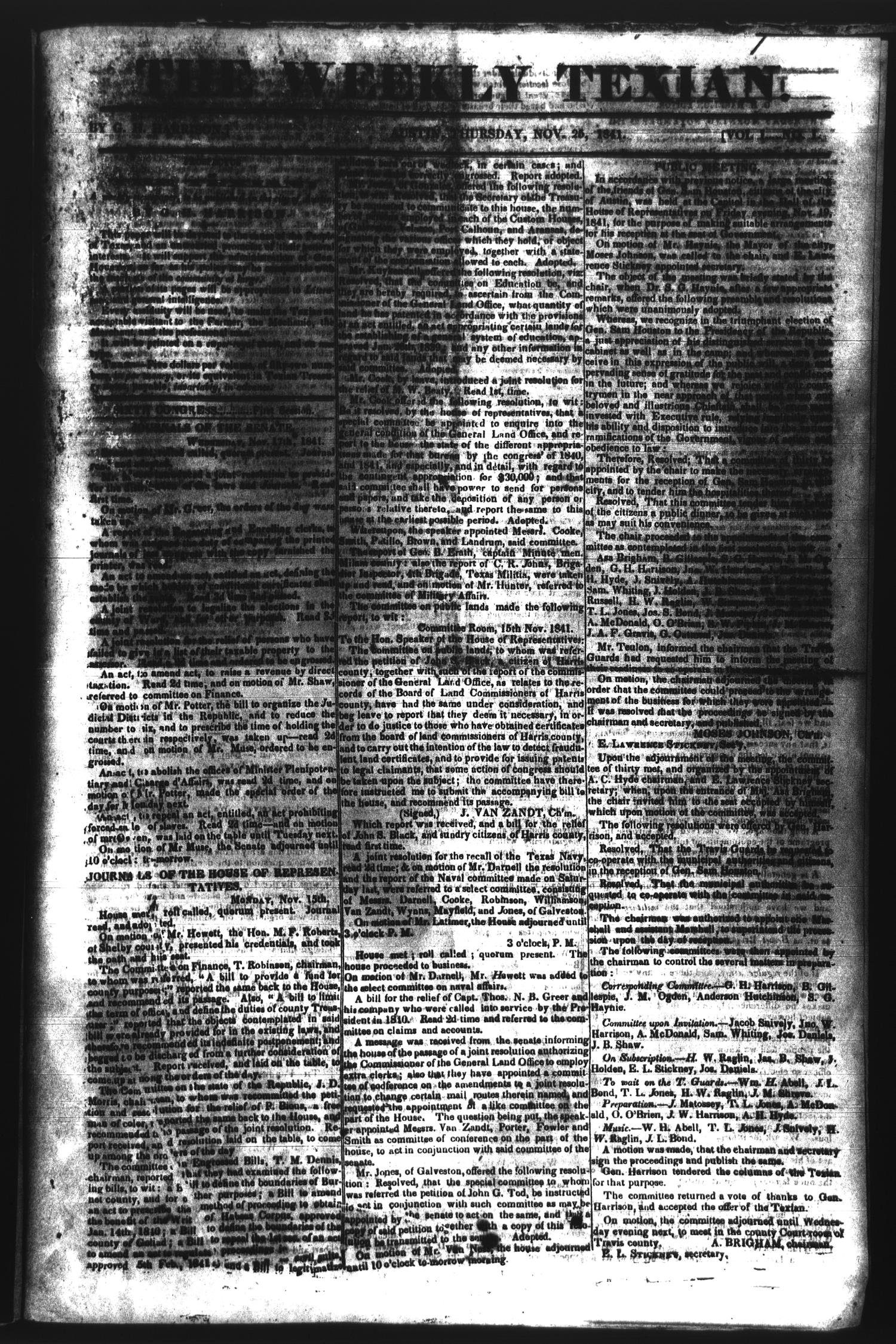 The Weekly Texian (Austin, Tex.), Vol. 1, No. 1, Ed. 1, Thursday, November 25, 1841
                                                
                                                    [Sequence #]: 1 of 4
                                                