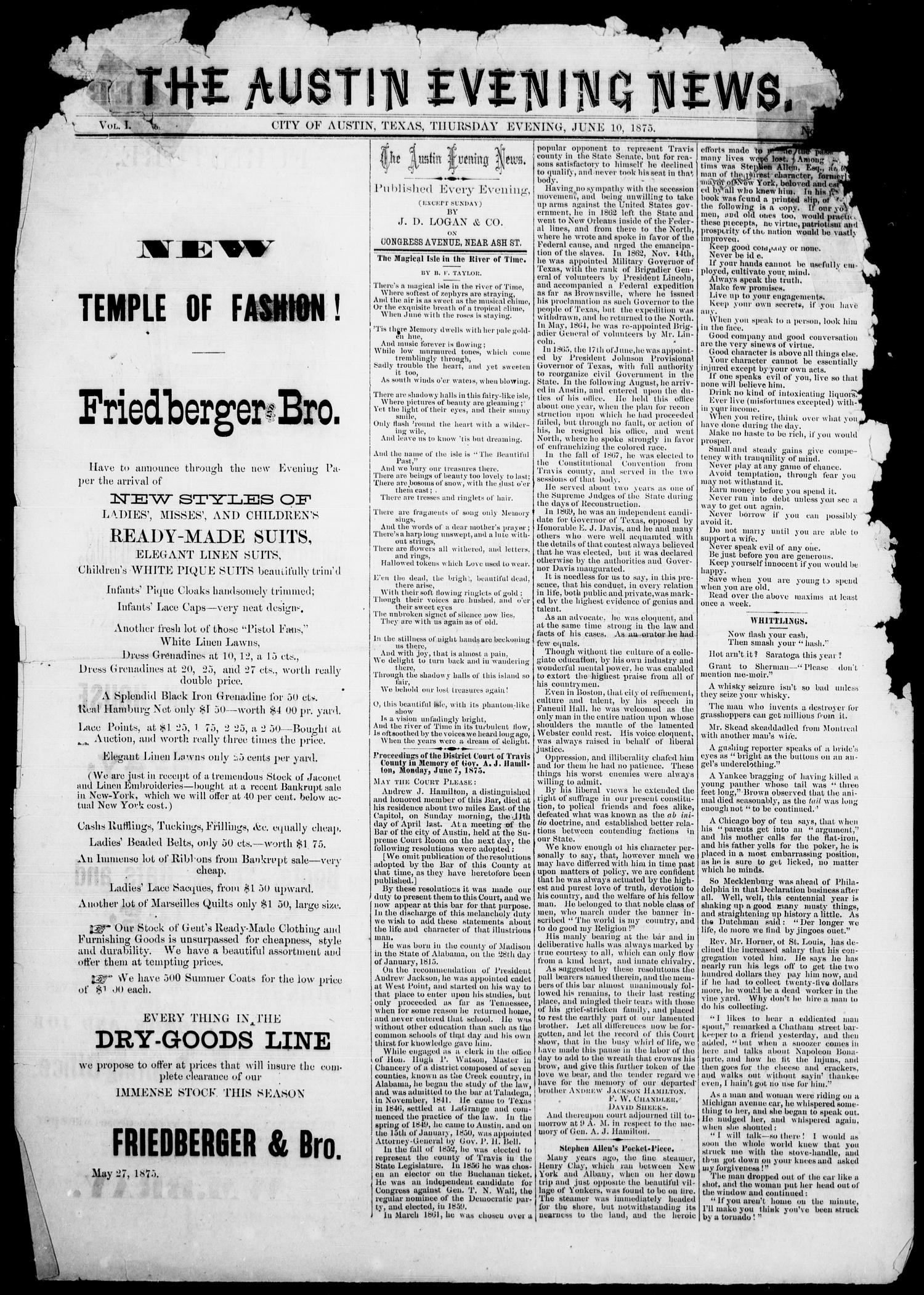 The Austin Evening News (Austin, Tex.), Vol. 1, No. 27, Ed. 1, Thursday, June 10, 1875
                                                
                                                    [Sequence #]: 1 of 4
                                                